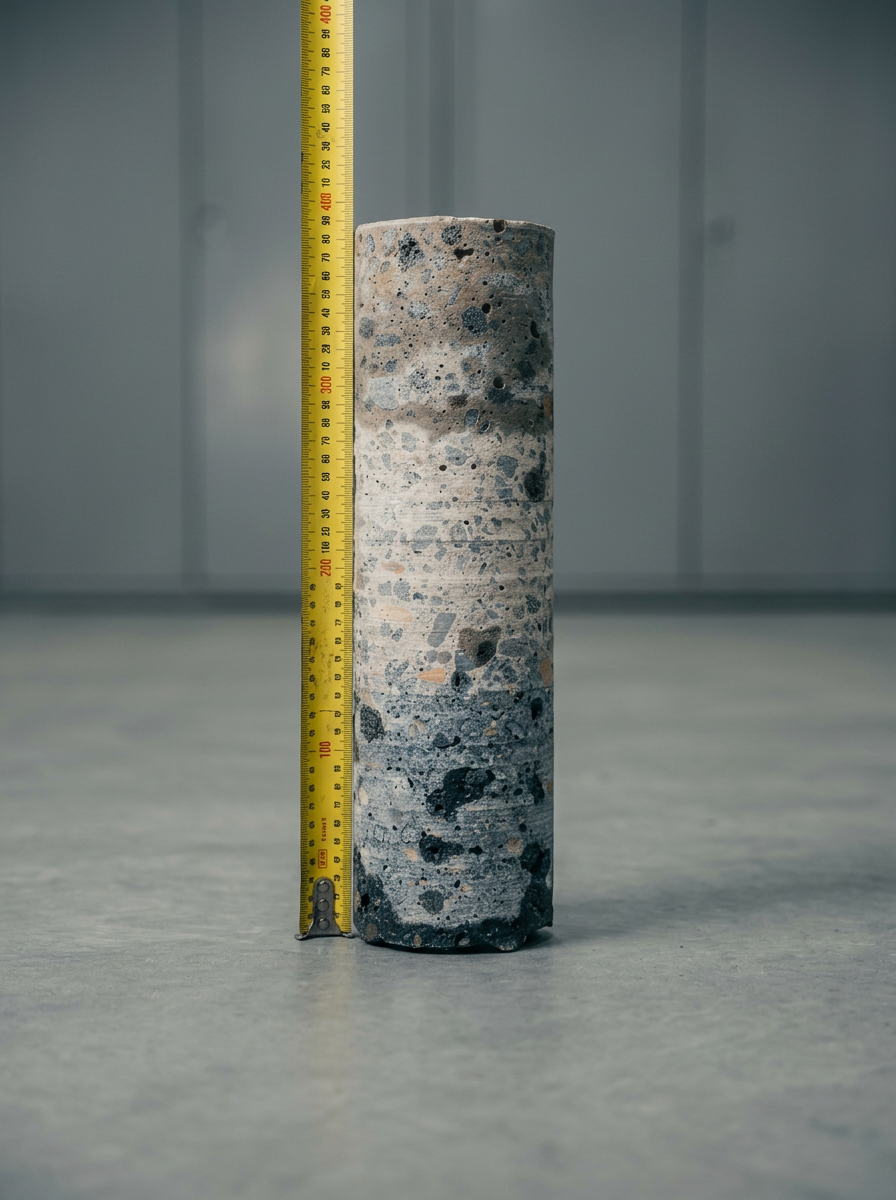 Extracted concrete core sample alongside measuring tape