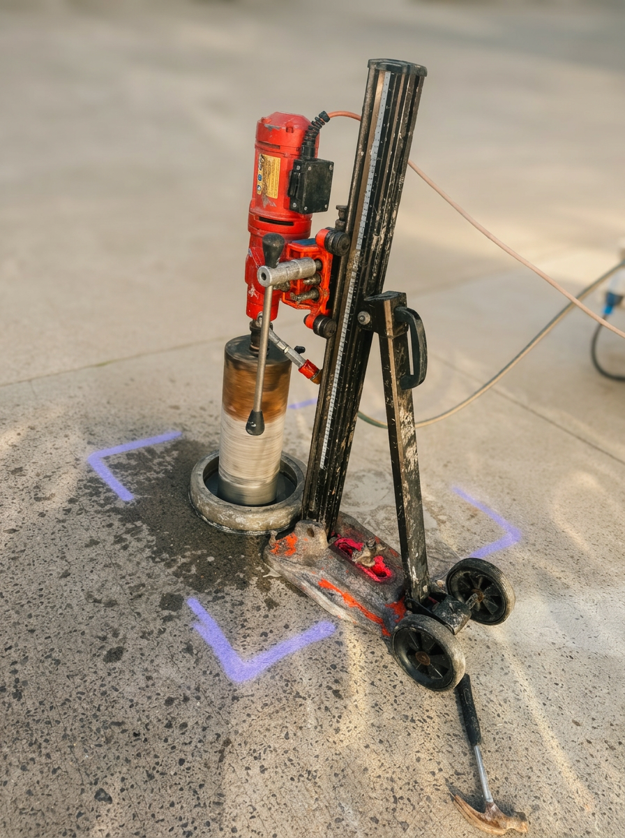 Diamond core drill rig on driveway with utility marks