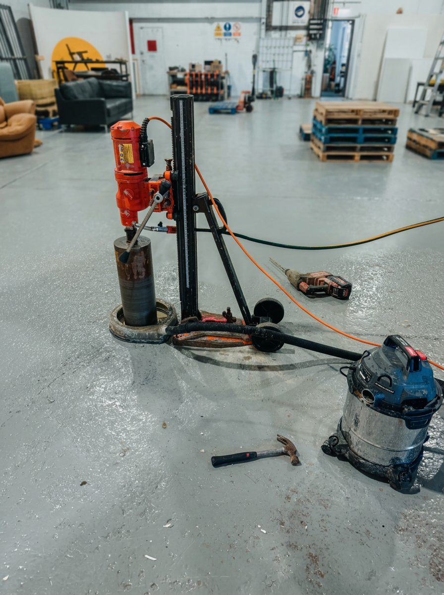 Indoor concrete slab core drilling on warehouse floor