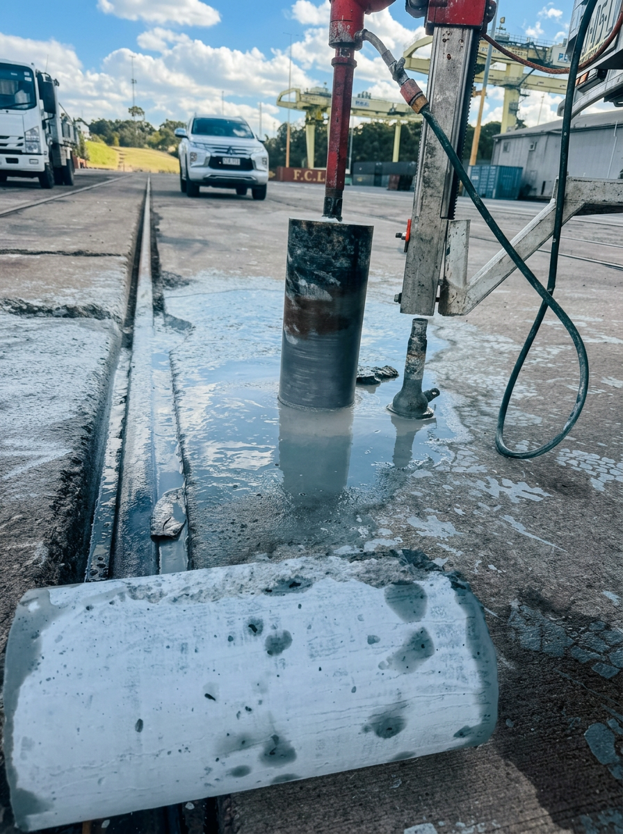 Concrete pavement coring with extracted core sample
