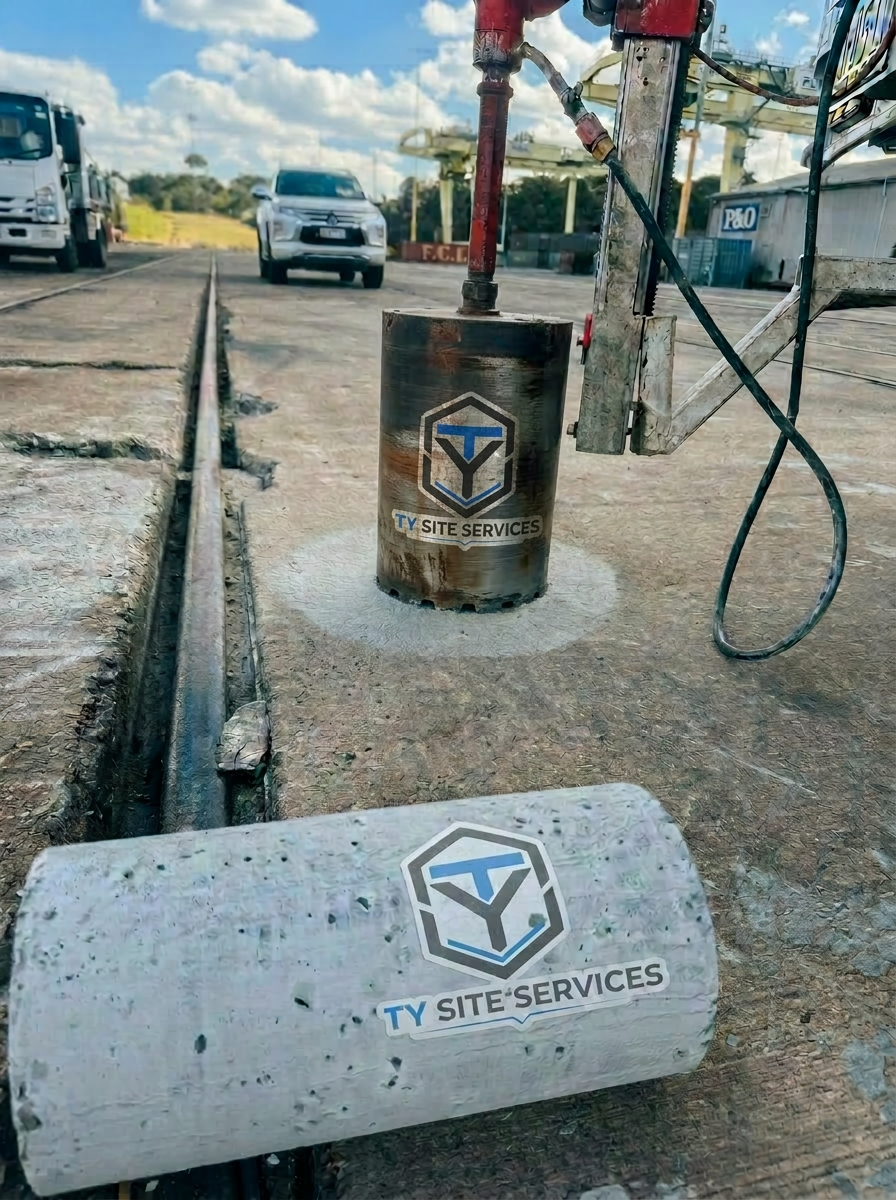 Ty Site Services concrete coring rig extracting a core sample on a Tier 1 NSW infrastructure site